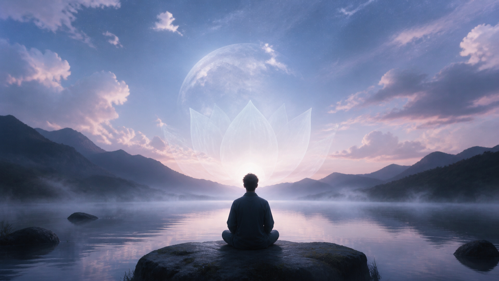 A quiet figure meditating before a luminous lotus over a misty mountain lake.